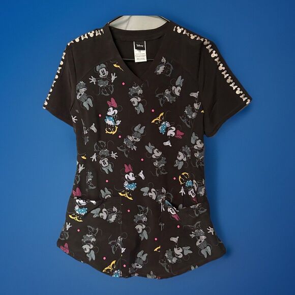 Disney Tops - Disney Minnie Mouse Scrub Top Women's XS Black Patterned Short Sleeve